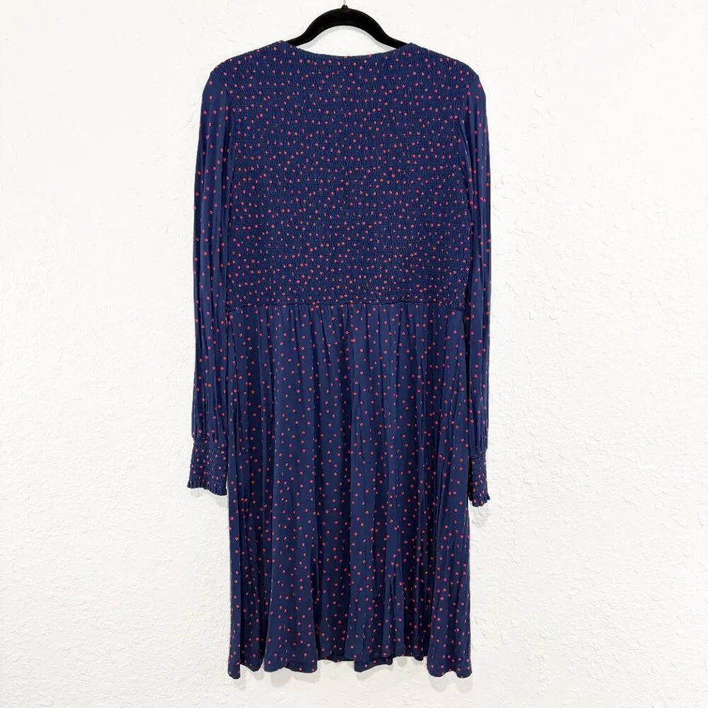 Boden Navy & Red Polka Dot Smocked Long Sleeve Jersey Knit Dress Women's US 14L - Picture 3 of 9